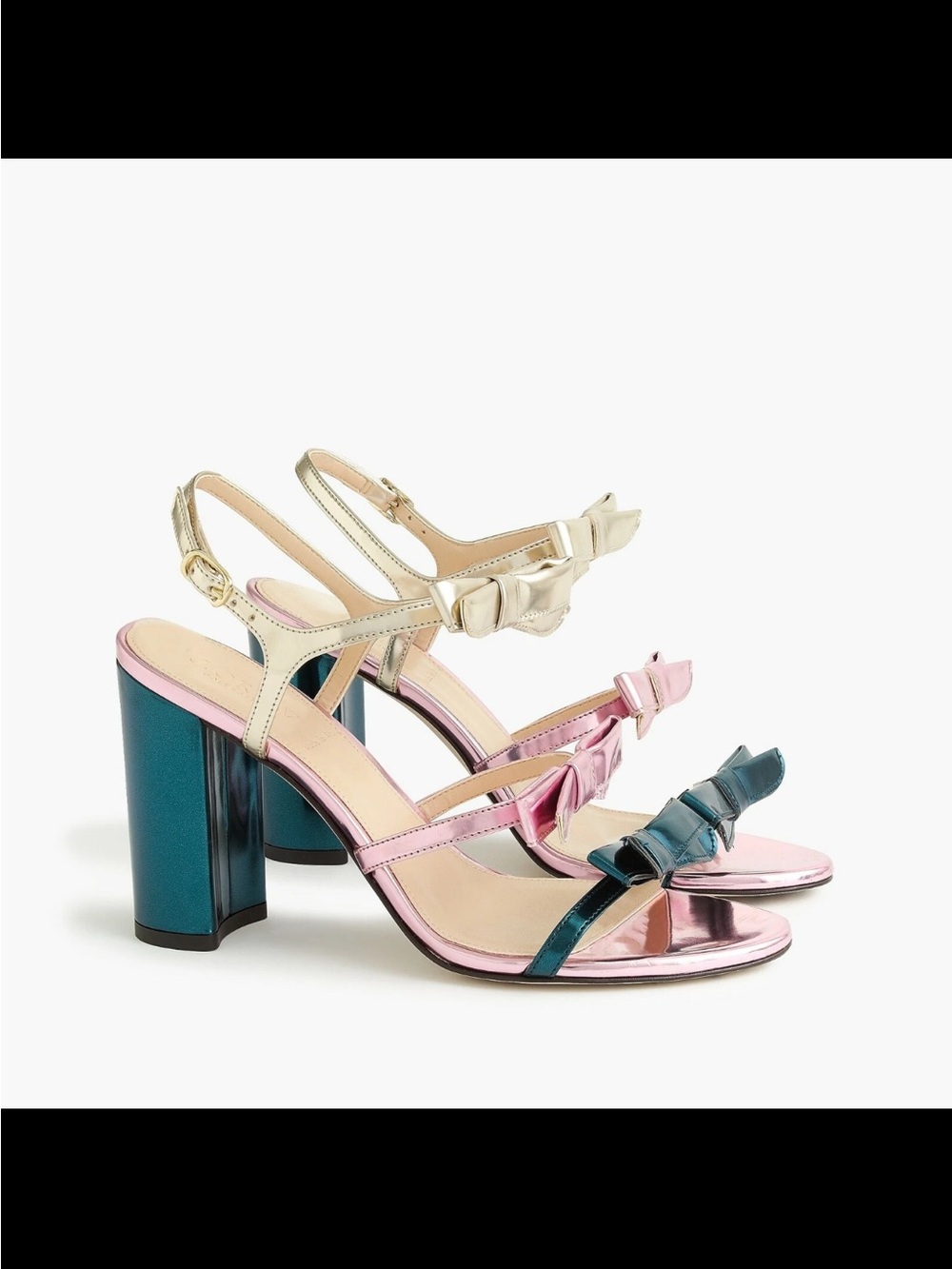 J.CREW STELLA BOW BLOCK HEELS IN METALLIC EMERALD